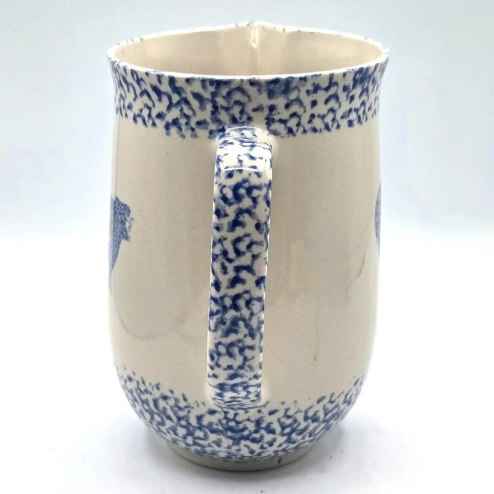 Blue Spongeware Ceramic Pitcher Cow Heart Design‎ Folk Craft Farmhouse Decor